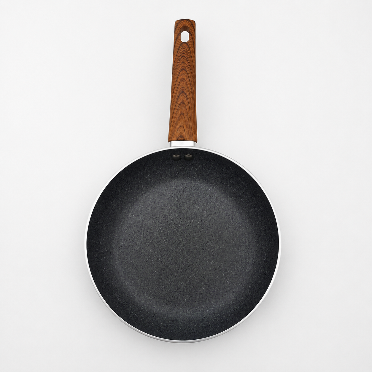 Interior 2 tigaie gri granit Tigaie antiaderentă din aluminiu cu înveliș de granit gri și mâner aspect lemn - imagine 1