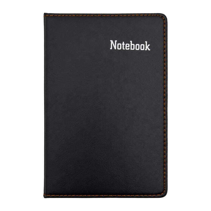 Notebook 32K negru cu copertă tip piele și cusături portocalii
