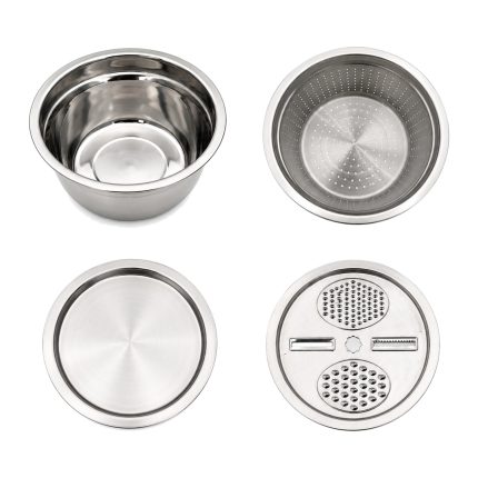 Set bol inox multifuncțional cu strecurătoare și capac răzătoare