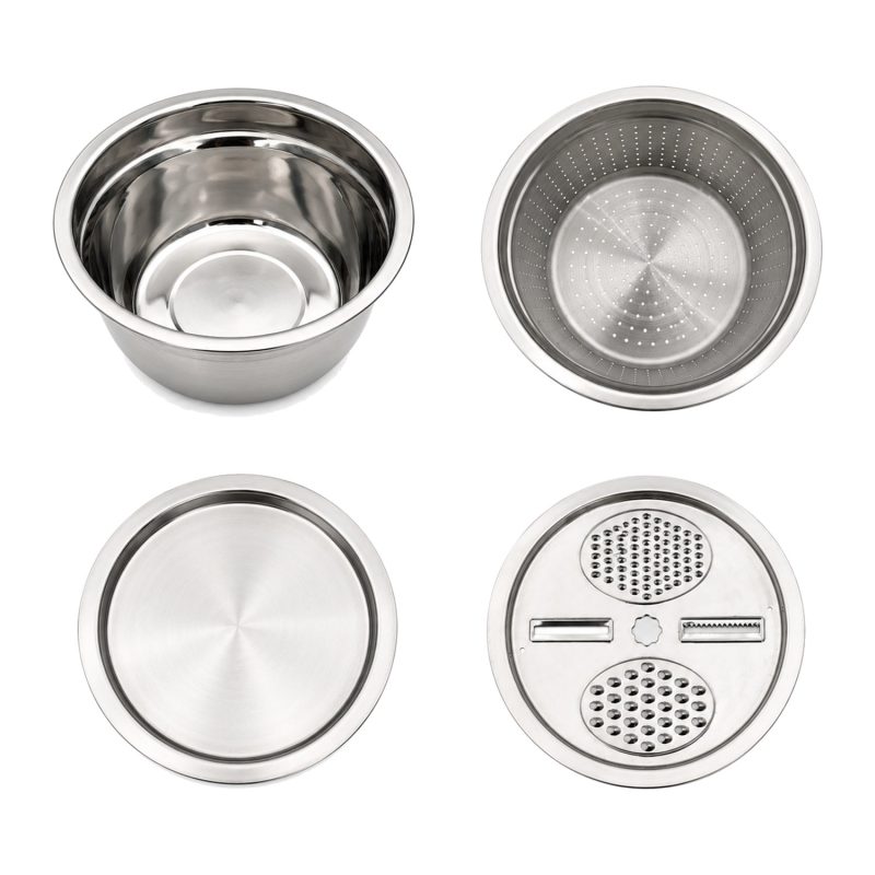 Set bol inox multifuncțional cu strecurătoare și capac răzătoare