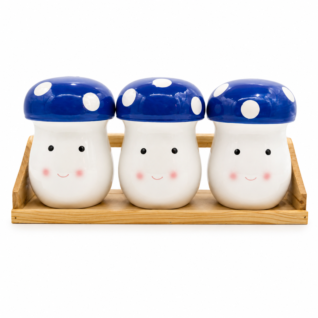 borcane-decorative-depozitare Set 3 borcane decorative pentru depozitare, formă ciupercă, cu tăviță din lemn - imagine 1