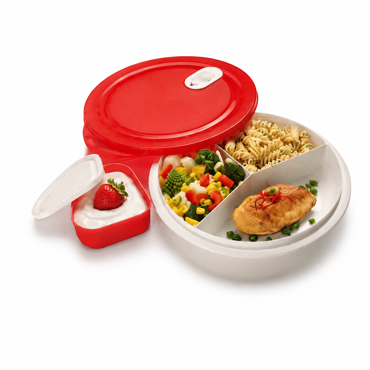 caserola-compartimentata-rotunda Caserolă rotundă pentru microunde, 1.2 L, cu capac ermetic roșu - imagine 1