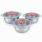 Set 3 caserole din inox cu capace transparente și valvă
