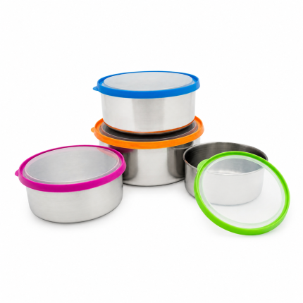 Set 4 caserole rotunde din inox cu capace colorate