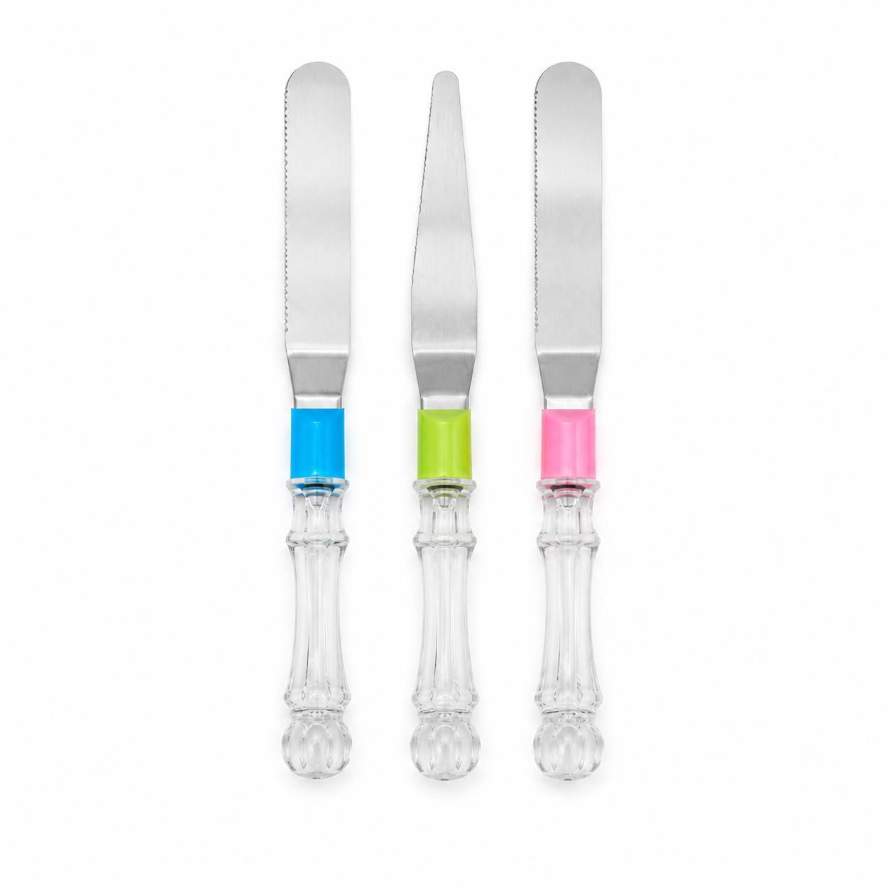 cutit-pentru-aperitiv Set 3 cuțite pentru unt, creme și deserturi, cu mâner transparent, multicolor - imagine 1