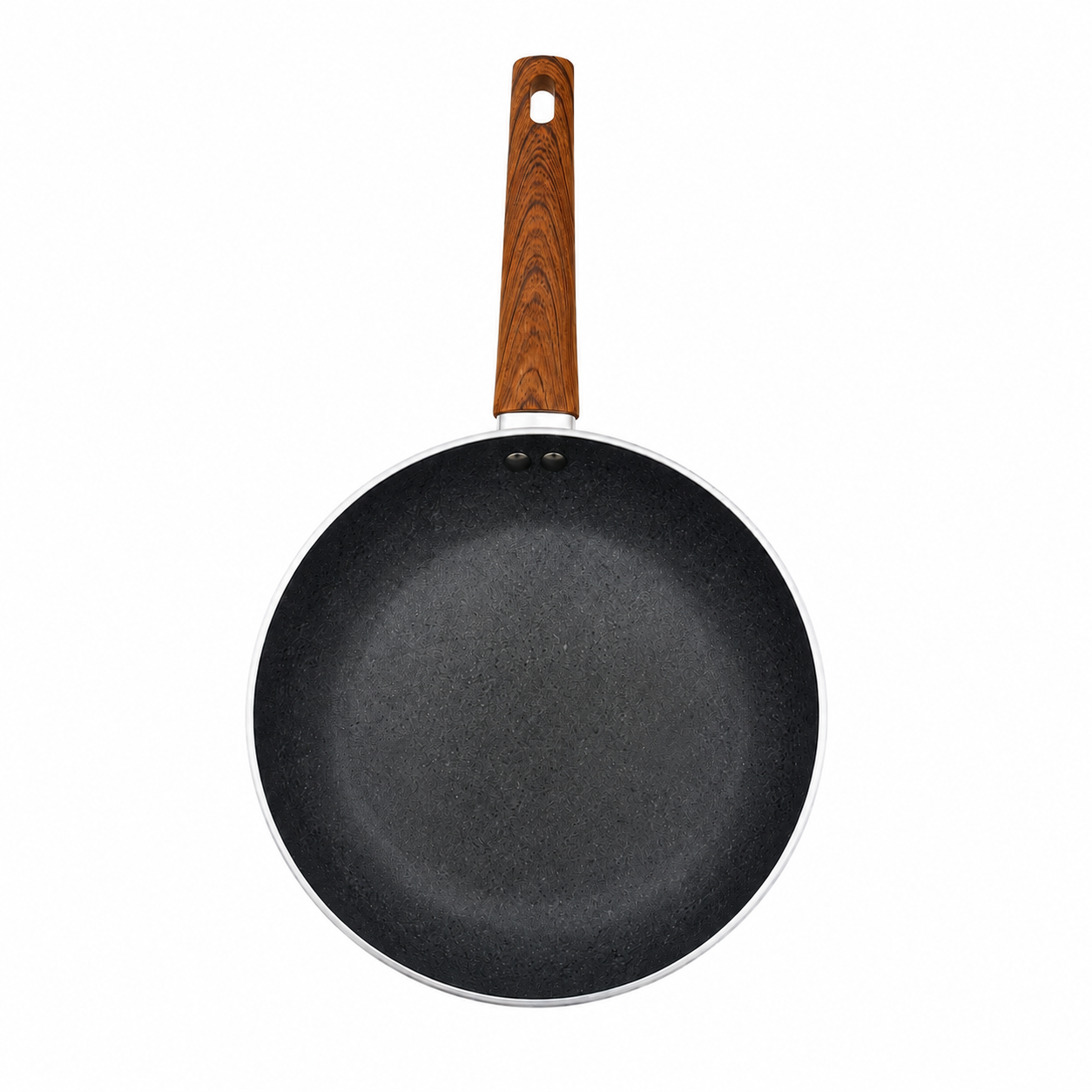 interior-tigaie-aspect-granit-gri Tigaie antiaderentă din aluminiu cu înveliș de granit gri și mâner aspect lemn, 28cm - imagine 1