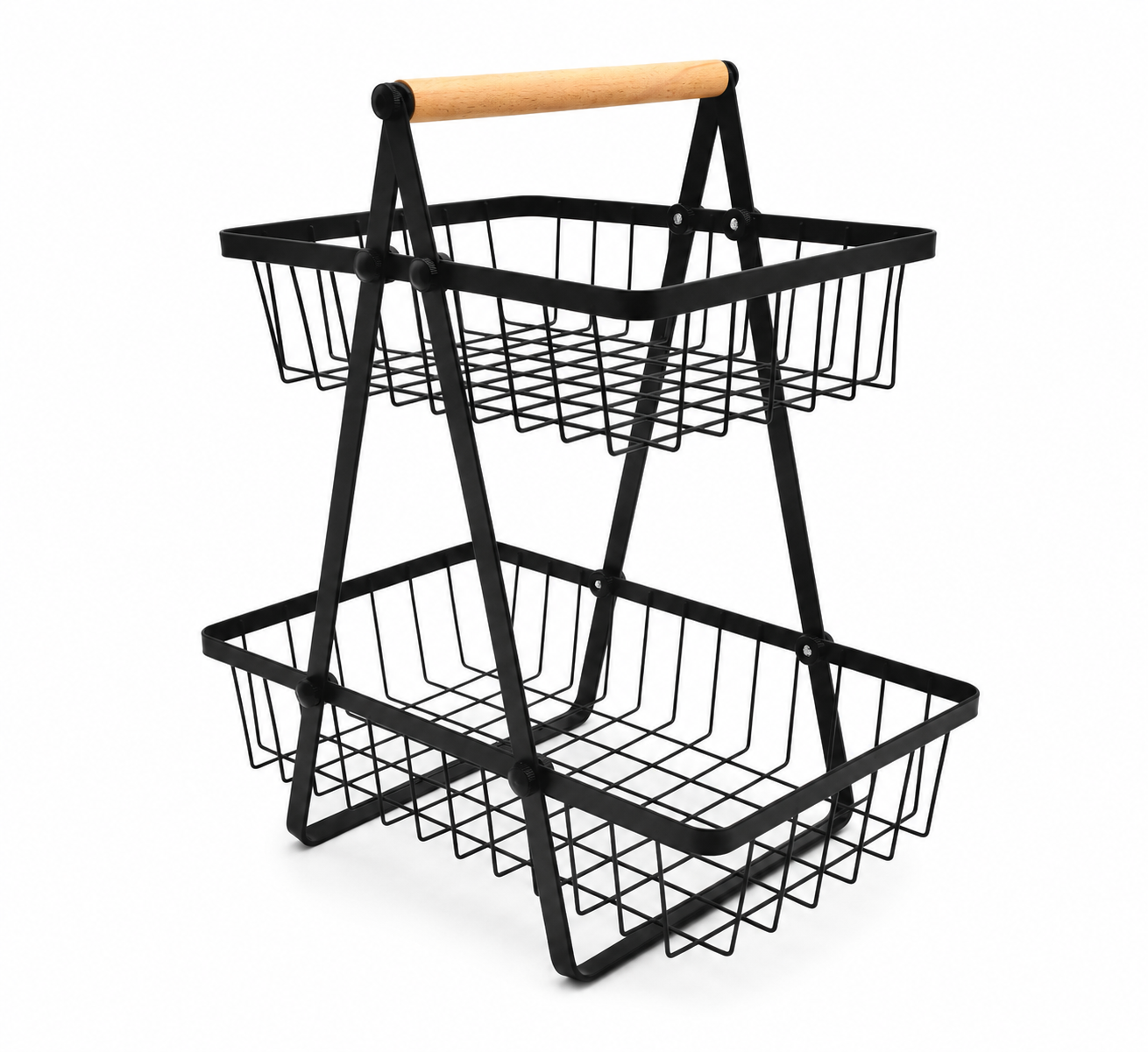 raft-organizator-elegant Coș organizator metalic cu 2 niveluri și mâner din lemn, negru - imagine 1