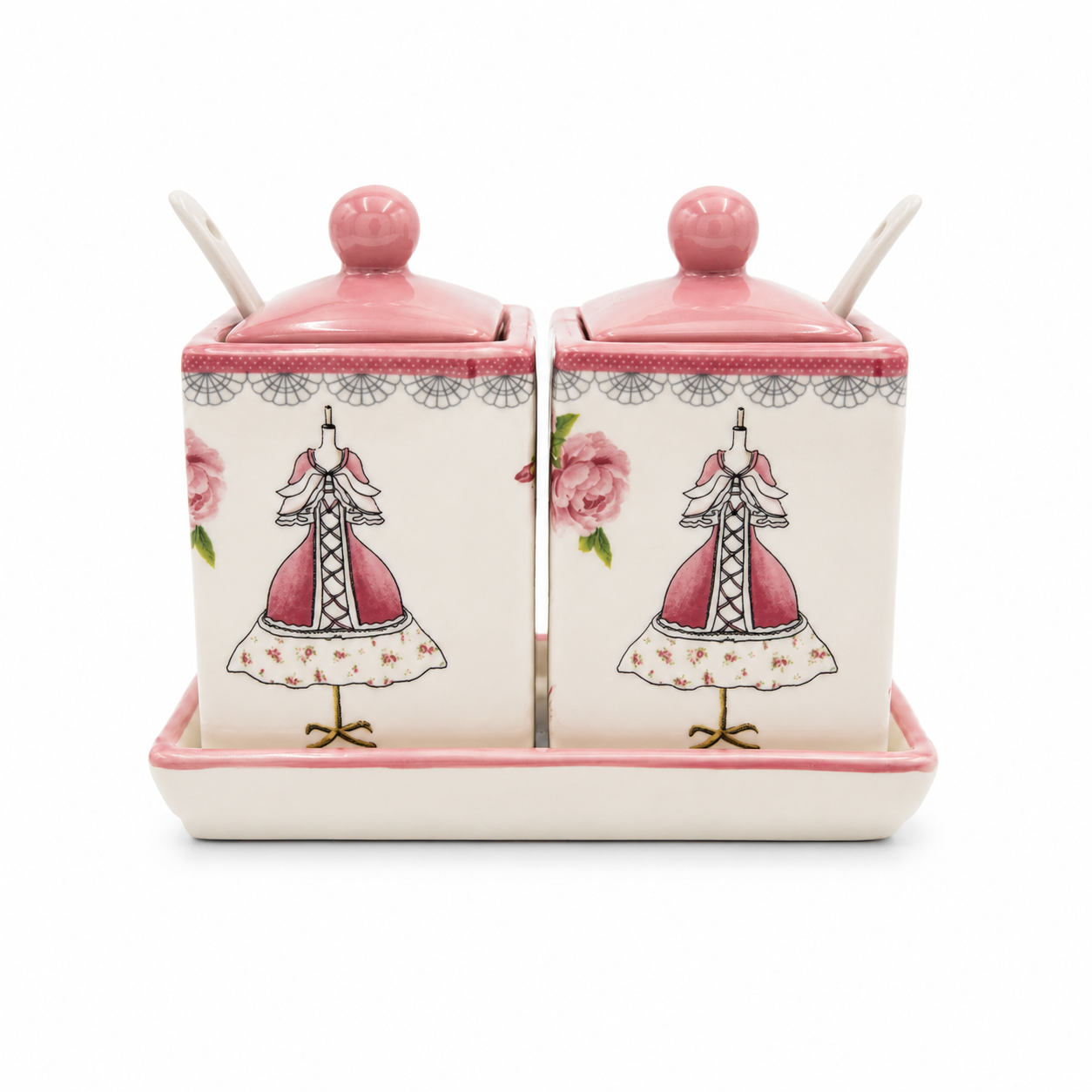 recipient-ceramic-mirodenii Set 2 recipiente ceramice pentru condimente cu suport și lingurițe - imagine 1