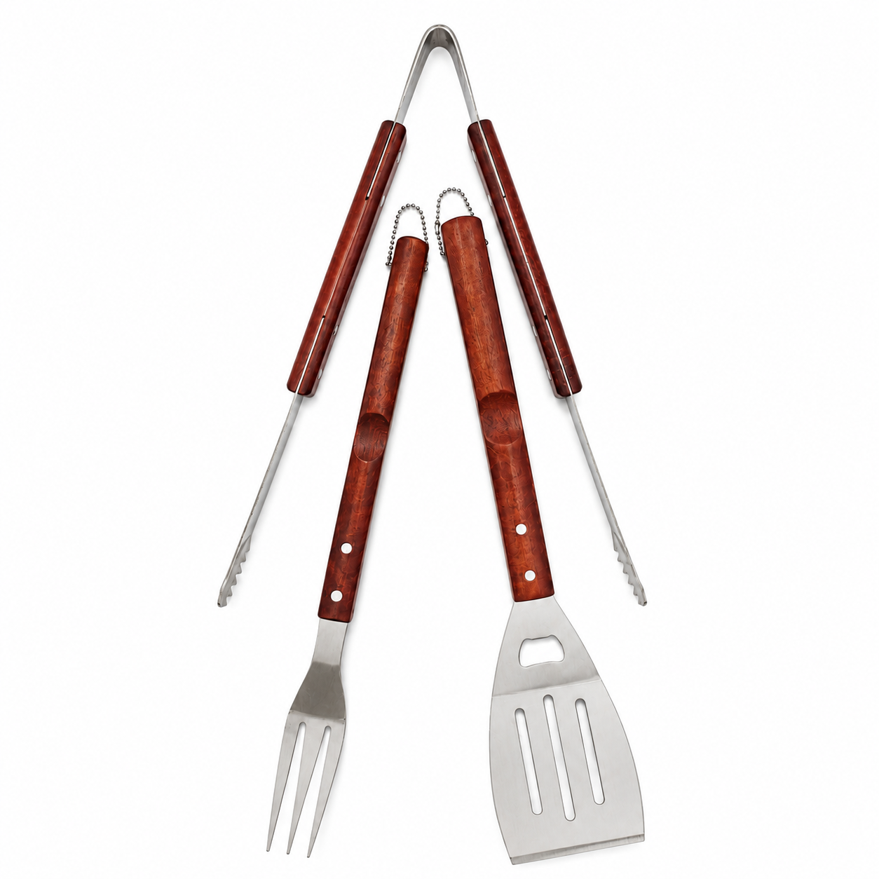 set-bbq-3-piese-maner-lemn Set BBQ pentru grătar, ustensile metalice cu mâner din lemn - imagine 1