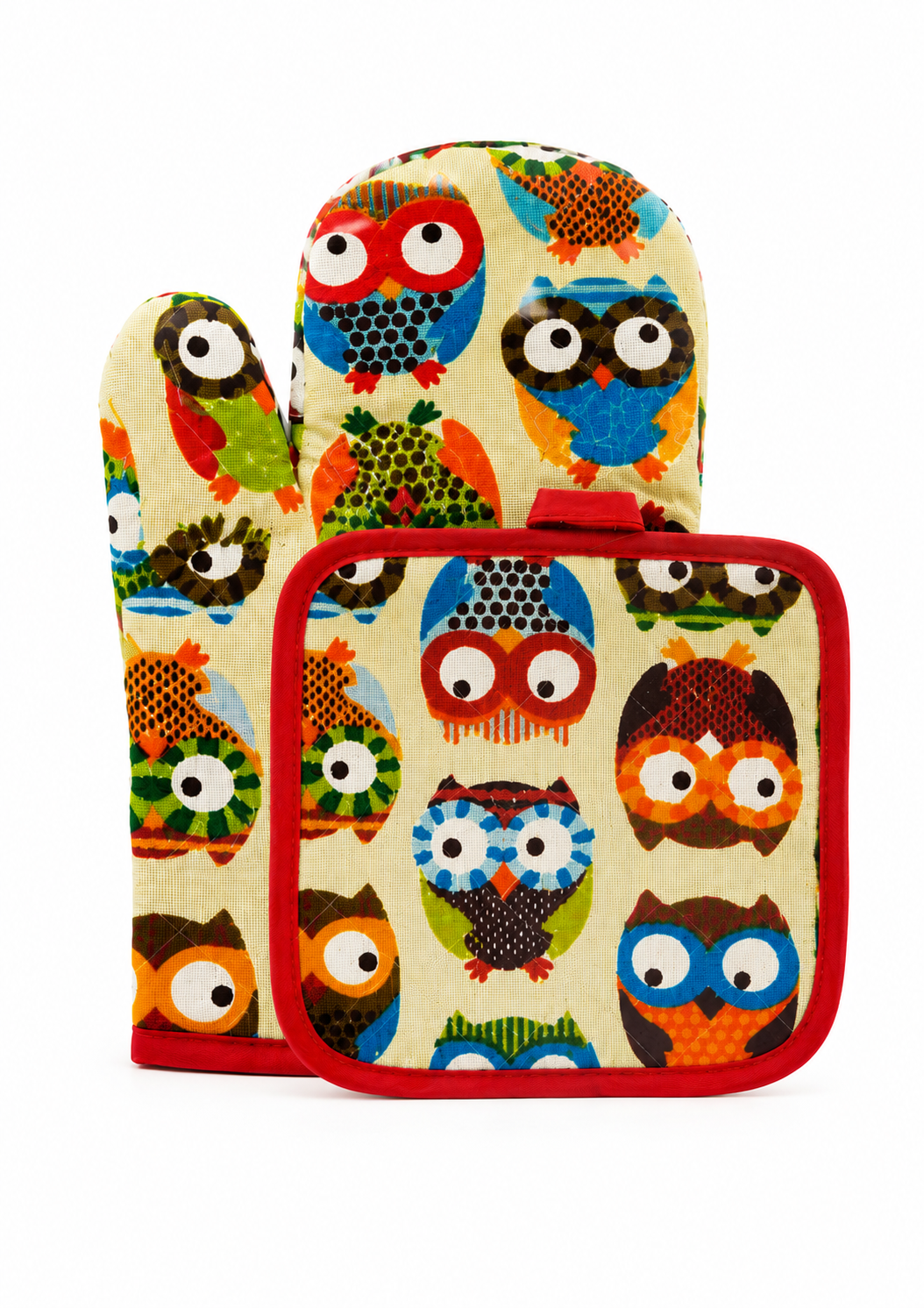 set-manusa-suport-cuptor Set mănușă bucătărie și suport pentru vase calde, model bufnița - imagine 1