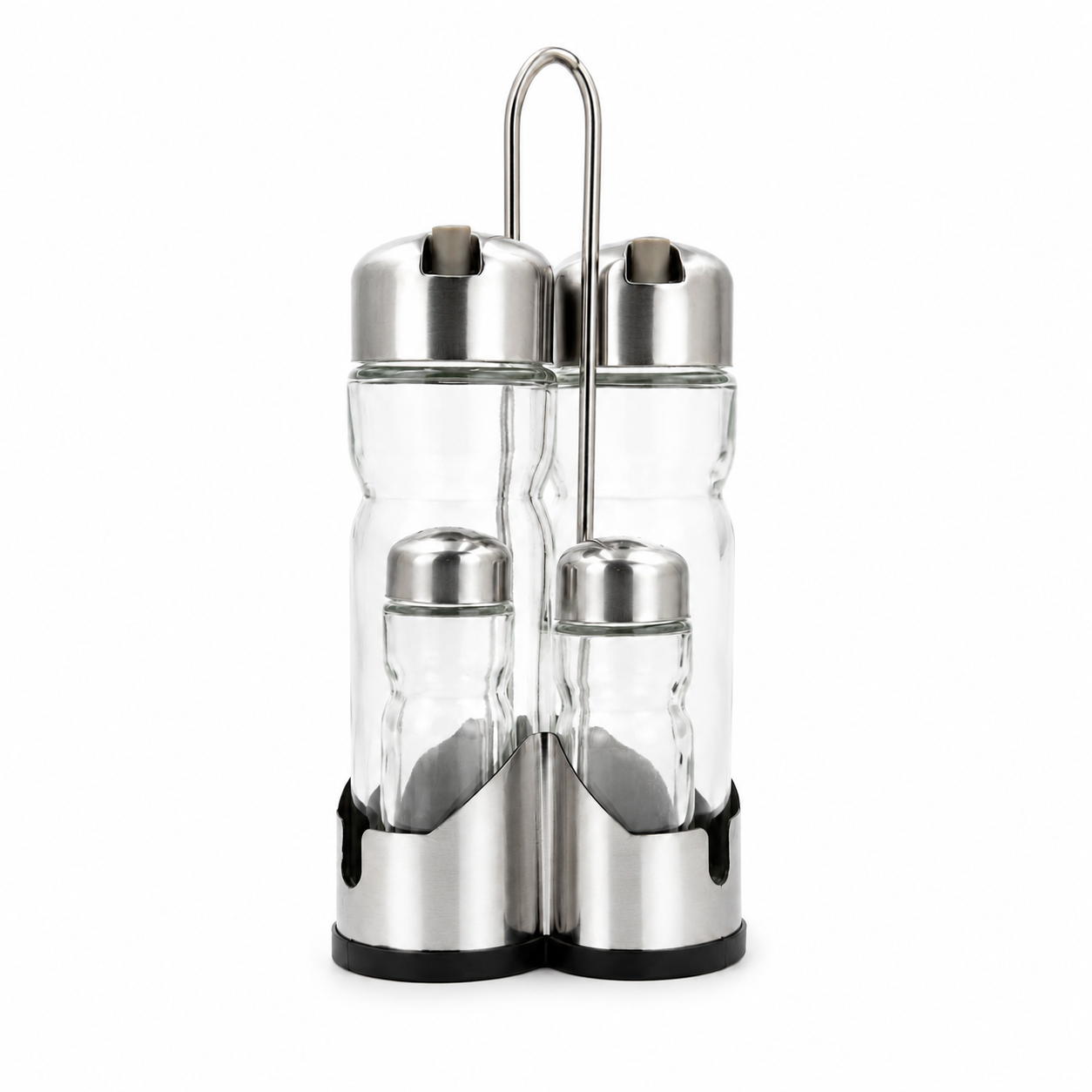 set-oliviera-horeca Set 4 piese pentru ulei, oțet, sare și piper, cu suport metalic - imagine 1