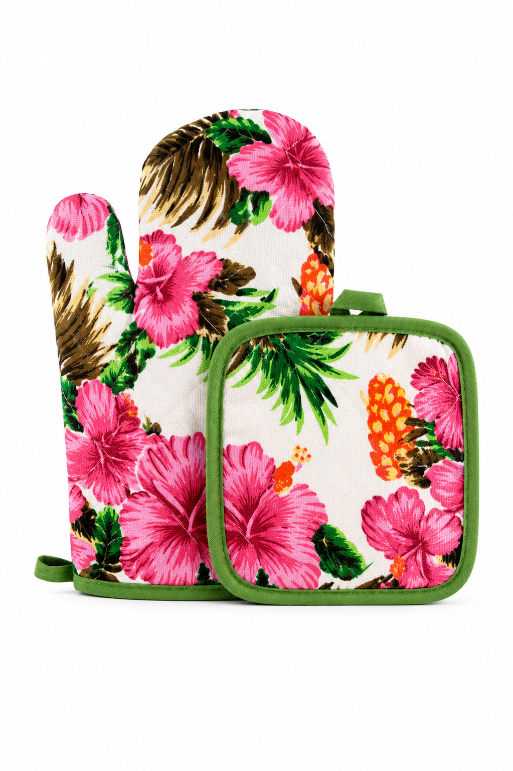 suport-vase-fierbinti-manusa-verde Set mănușă bucătărie și suport pentru vase calde, model floral - imagine 1