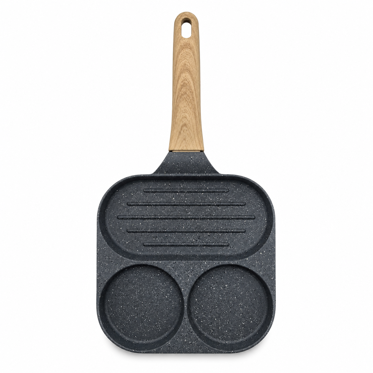 tigaie-cu-maner-ergonomic Tigaie compartimentată cu 2 forme rotunde și zonă grill, mâner cu aspect de lemn - imagine 1