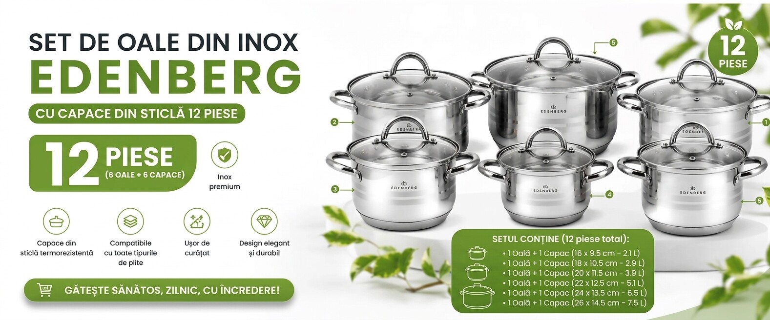 Set de oale din inox Edenberg cu capace din sticlă, 12 piese