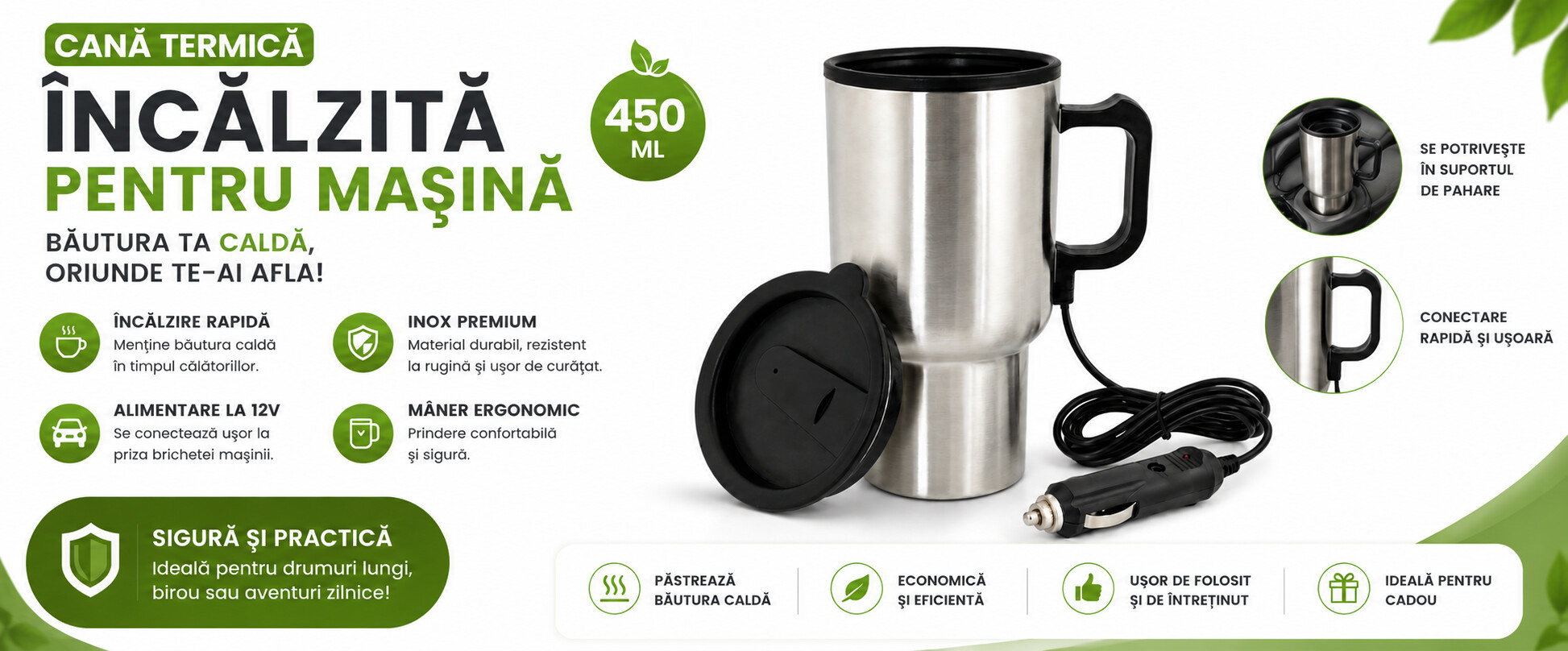 Cană auto electrică cu capac și mâner, alimentare la priza tip brichetă, 450 ml