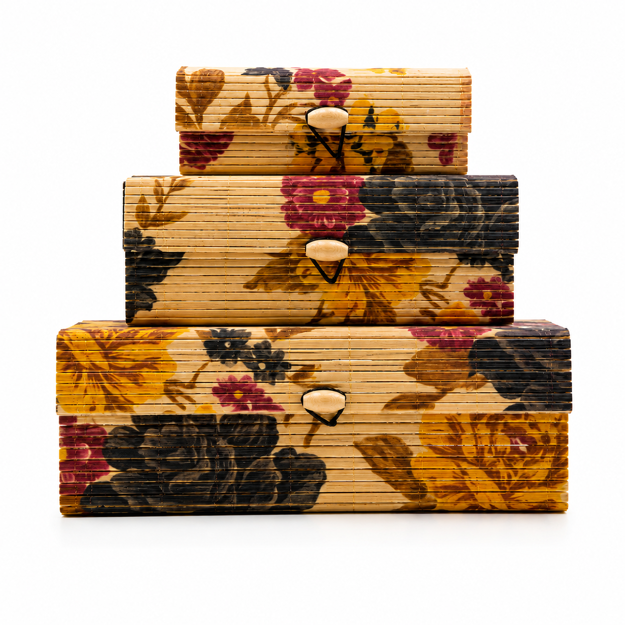 cutie-decor-flori Set 3 cutii decorative din bambus, model floral multicolor - imagine 1
