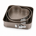 Set 3 forme de copt cu bază detașabilă, rotundă, pătrată și inimă, springform, gri deschis, 24/26/28 cm
