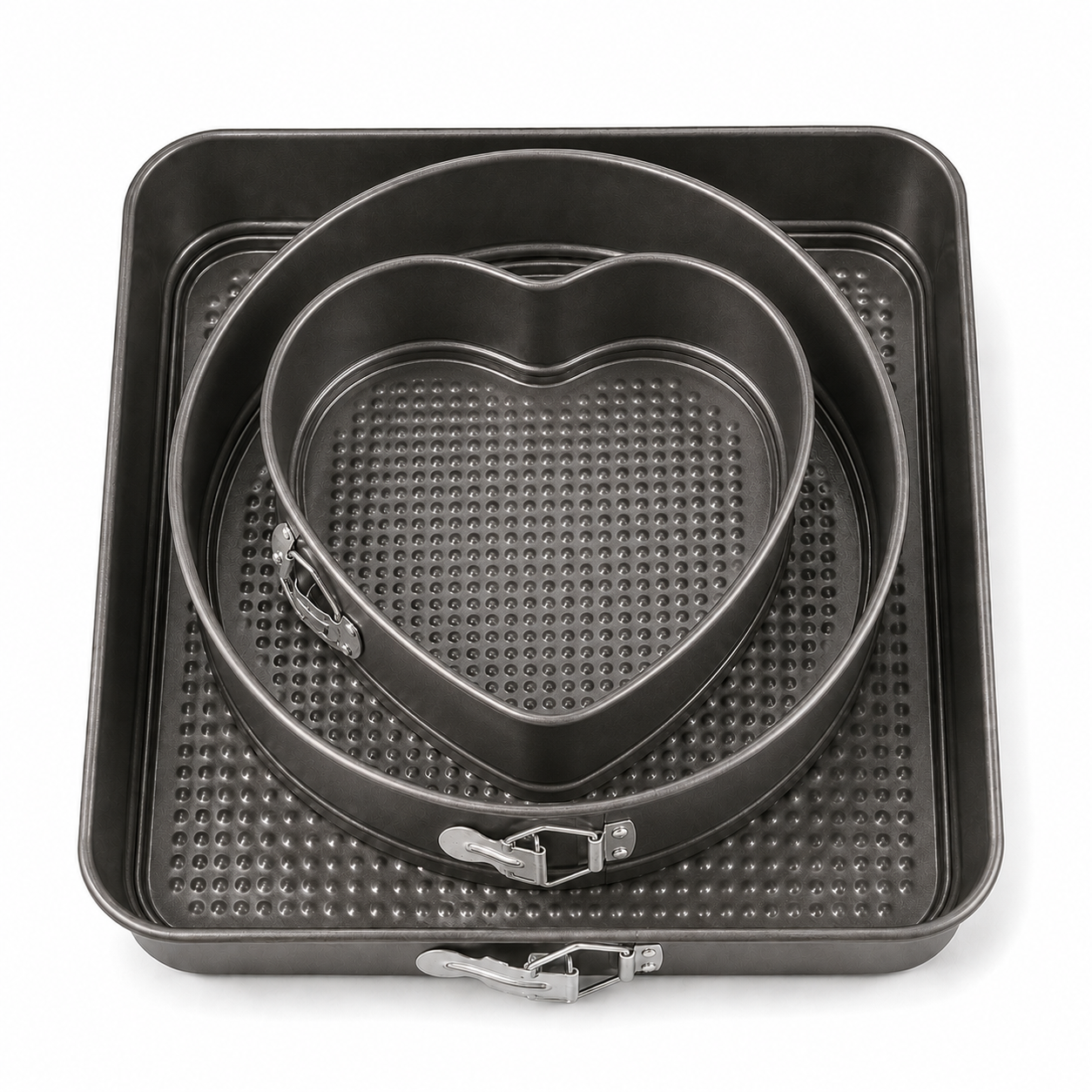 set-3-forme-fund-detasabil Set 3 forme de copt cu bază detașabilă, rotundă, pătrată și inimă, springform, 24/26/28 cm - imagine 1