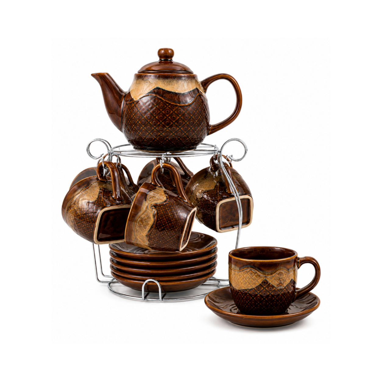 set-complet-cafea-ceainic Set ceai/cafea cu ceainic, 6 cești, 6 farfurioare și suport metalic, maro - imagine 1