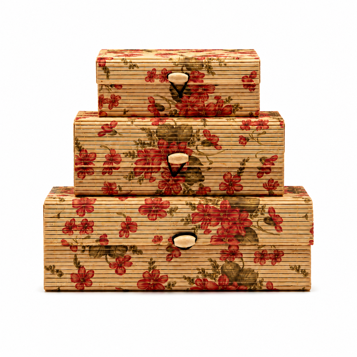 set-decorativ-din-bambus-flori-roz Set 3 cutii decorative din bambus, model flori roz - imagine 1