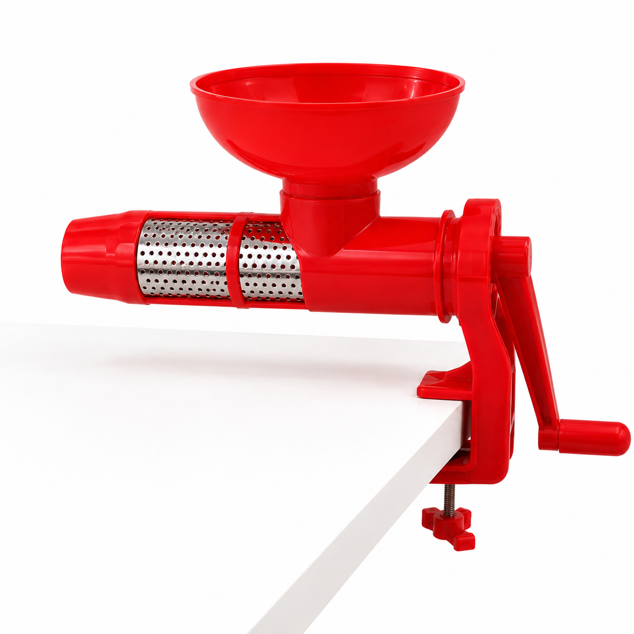 sita-metalica-presa-rosii Mașină manuală de tocat și pasat alimente, cu manivelă și prindere pe blat - imagine 1