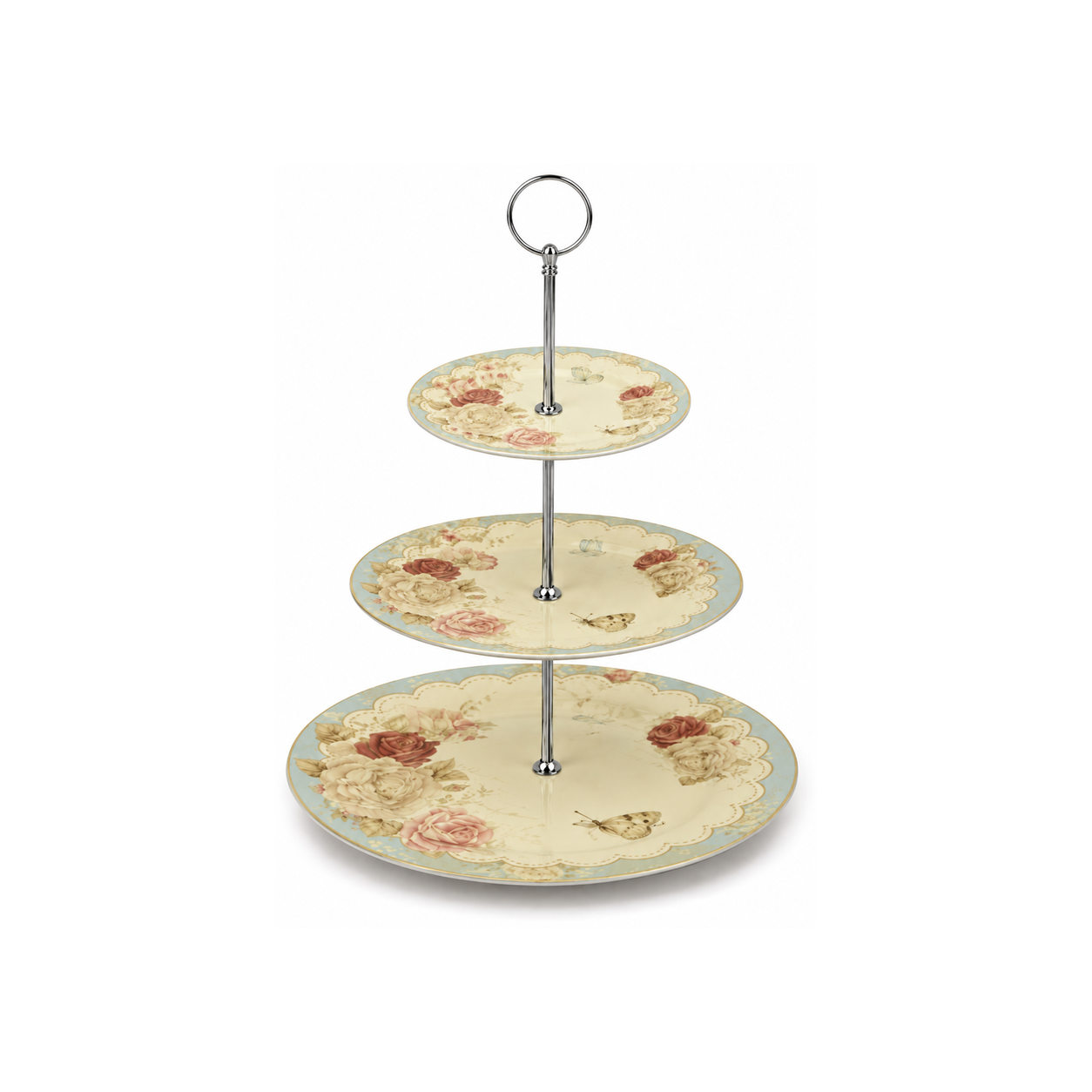 suport-aperitive-elegant-baby-shower Platou etajat pentru servire, 3 niveluri, model floral, cu mâner metalic - imagine 1
