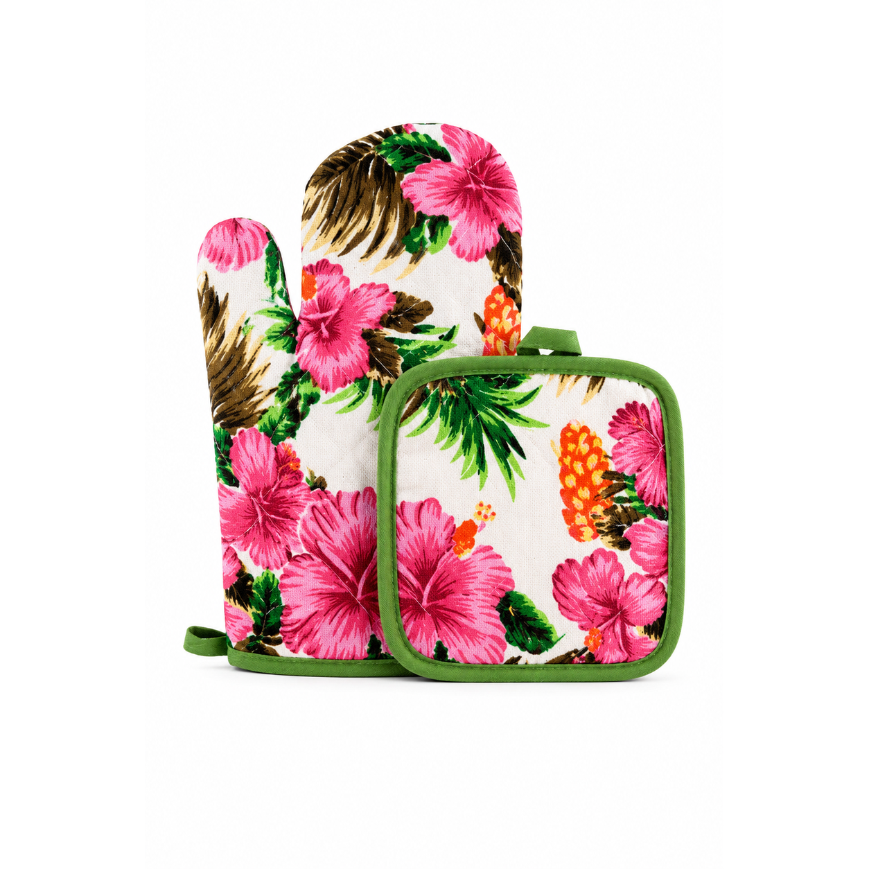 suport-vase-fierbinti-manusa-verde-roz Set mănușă bucătărie și suport pentru vase calde, model floral - imagine 1