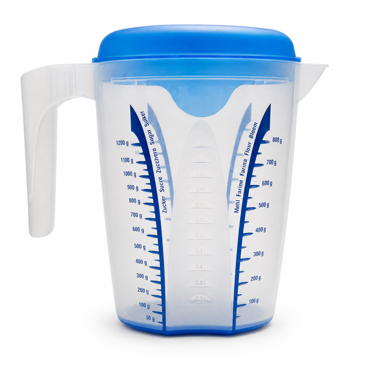 cana-gradata-bucatarie Cană gradată din plastic pentru bucătărie, cu marcaje albastre și capac, 1.25L - imagine 1