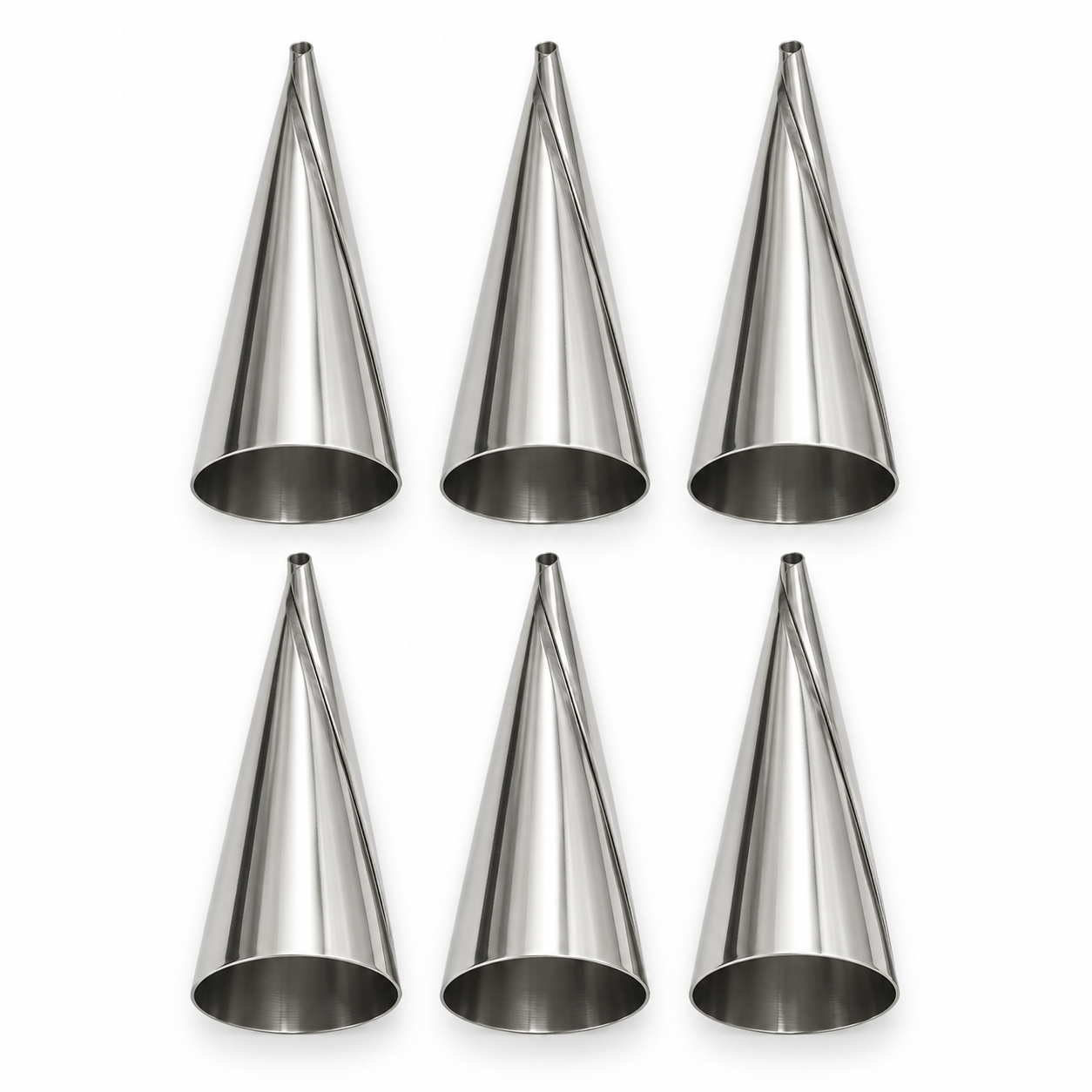 set-6-forme-conice Set forme conice din inox pentru rulouri și cornete de patiserie – Finisaj oglindă - imagine 1