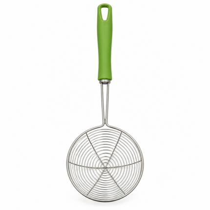 Spumieră tip plasă din inox cu mâner verde – Ustensilă pentru prăjit și strecurat (Model Spider)